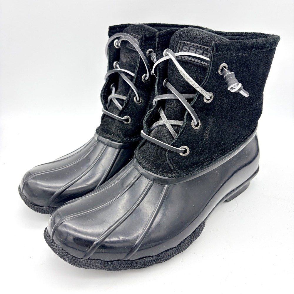 Sperry Saltwater Black Suede & Rubber Duck Boots W7 Waterproof Outdoor Utility